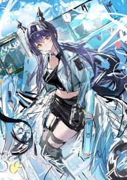 1girl absurdres arknights black_boots black_shorts blue_hair blue_jacket boots breasts ch&#039;en_(arknights) ch&#039;en_the_holungday_(arknights) ch&#039;en_the_holungday_(holiday)_(arknights) closed_mouth collar cropped_jacket dragon_girl dragon_horns feet_out_of_frame highres holding holding_water_gun horns jacket laoshi_wo_hao_e long_hair looking_at_viewer official_alternate_costume open_clothes red_eyes shorts sidelocks sketch solo water_gun