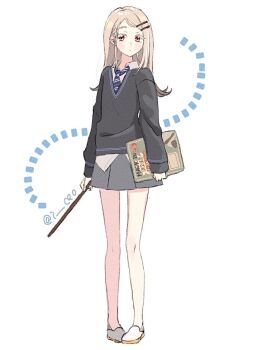 1girl arms_at_sides blonde_hair blue_necktie book cardigan closed_mouth collared_shirt colored_eyelashes commentary_request diagonal-striped_clothes diagonal-striped_necktie dress_shirt expressionless flipped_hair full_body gakuen_idolmaster grey_cardigan grey_hair grey_skirt hair_ornament hairclip harry_potter_(series) hogwarts_school_uniform holding holding_book holding_wand i_ce0 idolmaster long_hair long_sleeves looking_to_the_side miniskirt multicolored_hair necktie open_collar orange_eyes parallel_hairclips parted_bangs pigeon-toed pleated_skirt ravenclaw school_uniform shinosawa_hiro shirt shoes simple_background skirt solo standing striped_clothes twitter_username untucked_shirt wand white_background white_shirt white_shoes wizarding_world