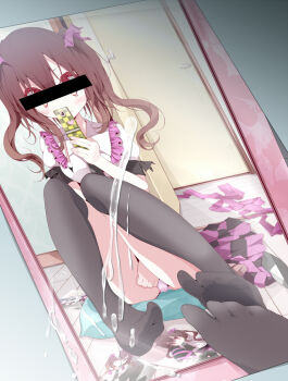 1girl bad_id bad_pixiv_id bar_censor between_legs black_thighhighs brown_hair camera_phone cellphone cellphone_photo censored censored_identity character_censor cum cum_on_object cum_on_picture cumtribute feet female_focus female_masturbation hand_between_legs himekaidou_hatate masturbation mirror mirror_selfie novelty_censor oouso phone photo_(object) reflection selfie socks solo thighhighs touhou twintails unworn_clothes