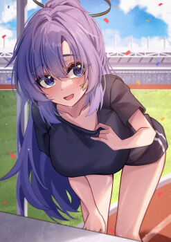 1girl absurdres bare_legs black_shirt blue_archive blue_eyes blue_shorts blush breasts collarbone commentary confetti halo hidel highres large_breasts leaning_forward long_hair looking_at_viewer no_jacket ponytail purple_eyes running_track shirt short_shorts short_sleeves shorts smile solo stadium star_(symbol) star_sticker sticker sticker_on_face sweat t-shirt very_long_hair yuuka_(blue_archive) yuuka_(track)_(blue_archive)