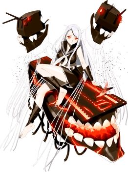 abyssal_aircraft_carrier_wasp_princess abyssal_ship ankle_wrap barefoot black_nails black_sailor_collar black_shirt black_skirt breasts cleavage flight_deck glowing glowing_eyes kantai_collection large_breasts long_hair messy_hair midriff neckerchief official_art open_mouth red_eyes sailor_collar shibafu_(glock23) shirt skirt transparent_background white_hair white_neckerchief wrist_wrap