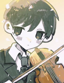 Rule 34 | 1boy, alternate costume, black eyes, black hair, black necktie, black suit, blush, bow (music), closed mouth, collared shirt, commentary request, expressionless, formal clothes, highres, holding, holding bow (music), holding instrument, holding violin, instrument, looking at viewer, male focus, nata kadu, necktie, omori, shirt, short hair, solo, suit, sunny (omori), upper body, violin, white shirt