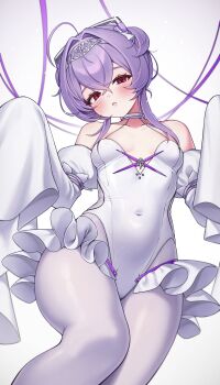 1girl absurdres bare_shoulders blush breasts choker cleavage commentary_request dress goddess_of_victory:_nikke headband highres liberalio_(nikke) looking_at_viewer navel open_mouth red_eyes salty_gana short_hair simple_background small_breasts solo thighs white_background white_dress