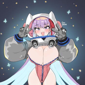 1girl animal_ear_helmet animal_ears_helmet animal_helmet artist_name bare_legs bb_(fate) bb_cosmo_(fate) blush breasts breasts_squeezed_together cat_helmet cleavage cowboy_shot dot_nose double_v fate/grand_order fate_(series) floating full-length_zipper hair_ribbon hands_up helmet highres huge_breasts long_hair looking_at_viewer oniyanna open_mouth partially_unzipped purple_eyes purple_hair ribbon smile space space_helmet spacesuit v very_long_hair wide_sleeves zipper