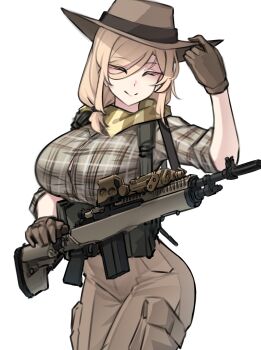 Rule 34 | 1girl, absurdres, blonde hair, breasts, button gap, closed eyes, commentary, cowboy shot, english commentary, gloves, gun, gun sling, hand on headwear, hat, hat tip, highres, k0ng, large breasts, m1a, merc-san (k0ng), original, plaid clothes, plaid shirt, rifle, scarf, shirt, smile, solo, weapon