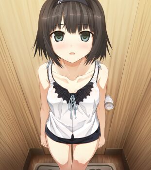 Rule 34 | 1girl, absurdres, arishima alice, bare arms, bare legs, bare shoulders, black hair, blush, breasts, carpet, collarbone, cura, female focus, flat (company), game cg, green eyes, highres, legs, looking at viewer, monobeno, parted lips, short hair, short shorts, shorts, sleeveless, small breasts, solo, standing, thighs
