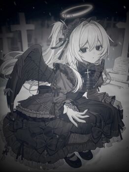 1girl absurdres black_bow black_dress black_eyes black_headdress black_nails black_wings bow commentary_request cross dress expressionless frilled_dress frills full_body glowing glowing_halo gothic_lolita grave hair_between_eyes hairband half_updo halo highres hinomiya_shou lolita_fashion lolita_hairband long_hair original outstretched_arm snowing solo squatting vignetting white_hair white_halo wings