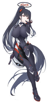 1girl absurdres adjusting_clothes adjusting_gloves biting biting_glove black_bodysuit black_hair blue_archive blunt_bangs blush bodysuit breasts bright_pupils drone glove_in_mouth glove_pull gloves gun halo handgun highres large_breasts long_hair looking_at_viewer mouth_hold official_alternate_costume ponytail red_eyes ringed_eyes rio_(blue_archive) rio_(bodysuit)_(blue_archive) simple_background skin_tight solo very_long_hair weapon xfate