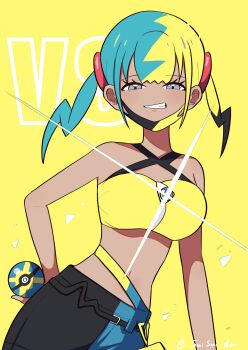 1girl aqua_hair bandeau black_mask blonde_hair blue_eyes blush breasts canari_(pokemon) commentary_request criss-cross_straps english_text fake_hair_bun hasu_175 highres jacket large_breasts long_sleeves looking_at_viewer mask mask_pull mega_stone mouth_mask multicolored_hair navel nintendo open_mouth pants poke_ball pokemon pokemon_legends:_z-a quick_ball short_twintails solo split-color_hair sports_bra stomach teeth twintails twitter_username two-tone_hair two-tone_mask two-tone_pants yellow_background yellow_bandeau yellow_mask yellow_sports_bra