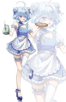 Rule 34 | 1girl, @ @, ahoge, alternate costume, alternate hairstyle, apron, armband, blue bow, blue dress, blue eyes, blue footwear, blue hair, blue ribbon, blver, bow, breasts, cleavage, cleavage cutout, clothing cutout, commentary, double bun, dress, drop-shaped pupils, dumpling, english commentary, enmaided, eyes visible through hair, food, frilled apron, frilled armband, frilled dress, frills, furina (genshin impact), genshin impact, hair bun, hair over one eye, hair ribbon, heterochromia, high heels, highres, holding, holding teapot, holding tray, knees together feet apart, leg up, light blue hair, looking at viewer, maid, mismatched pupils, multicolored hair, open mouth, revision, ribbon, short hair with long locks, single bare shoulder, single sleeve, single thighhigh, small breasts, streaked hair, symbol-shaped pupils, teapot, thigh strap, thighhighs, tray, waist apron, white apron, white armband, white background, white hair, white thighhighs, zoom layer