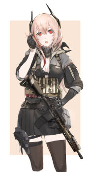 1girl 40x46mm_lv assault_rifle bandana black_bra bra breasts cleavage commentary eotech fang flashlight fpdlenl011 girls&#039;_frontline gloves gun hair_between_eyes hand_on_own_hip highres holster jacket load_bearing_equipment long_hair looking_at_viewer m4_carbine m4_sopmod_ii_(girls&#039;_frontline) magazine_(weapon) magpul mechanical_arms multicolored_hair muzzle_device open_clothes open_jacket open_mouth photoshop_(medium) pink_hair playing_with_own_hair pouch prosthesis prosthetic_arm red_eyes red_hair rifle sidelocks single_mechanical_arm skindentation sleeves_rolled_up solo streaked_hair thighhighs trigger underwear weapon