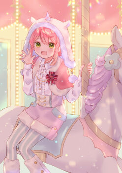 1boy :d animal_ear_headwear azarashi6 capelet carousel collared_shirt dress_shirt ensemble_stars! fake_animal_ears feet_out_of_frame fur-trimmed_capelet fur_trim green_eyes hands_up highres himemiya_tori himemiya_tori_(toyland) holding holding_pole light_particles male_focus night open_mouth pastel_colors pink_capelet pole shirt shirt_tucked_in shorts sitting smile solo tongue trap waving white_shirt wing_collar yume_kawaii