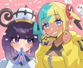 aqua_hair aqua_nails black_hair blonde_hair blue_gloves blush bob_cut canari_(pokemon) coat dark-skinned_female dark_skin eyelashes finger_heart gen_5_pokemon gloves gwynn_(pokemon) hat heart holding holding_poke_ball jacket long_sleeves looking_at_another looking_at_viewer mega_stone multicolored_hair multicolored_nails nintendo open_clothes open_jacket partially_fingerless_gloves pink_background poke_ball pokemon pokemon_(creature) pokemon_legends:_z-a purple_eyes purple_hair qi&#039;e_(penguin) quick_ball short_hair sleeves_past_wrists smile steepled_fingers teeth twintails two-tone_nails tynamo white_coat white_hat yellow_jacket yellow_nails yuri