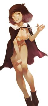 1girl black_shoes bob_cut bra bra_pull cape clothes_pull female_focus hand_on_own_thigh hilda_(series) id_card kaisa_(hilda) netflix pulling shoes simon_7617118 simple_background smile solo underwear