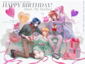 2boys 2girls arms_around_neck athrun_zala balloon black_shirt black_shoes blonde_hair blue_hair blue_skirt box breasts brother_and_sister brown_eyes brown_hair brown_pants cagalli_yula_athha character_name closed_mouth commentary_request couch couple dress full_body gift gift_box green_dress grey_pants grey_shorts gundam gundam_seed gundam_seed_destiny hair_between_eyes hair_ornament hairclip hand_on_own_chest happy_birthday haro heart_balloon hetero highres holding_hands inhouhou kira_yamato kneeling lacus_clyne leaning_on_person long_skirt medium_breasts multiple_boys multiple_girls on_one_knee one_eye_closed open_mouth pants parted_bangs pink_hair ponytail purple_shirt red_ribbon ribbon shirt shoes short_hair shorts siblings sidelocks sitting skirt smile white_background