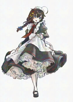 Rule 34 | 1girl, alternate costume, apron, black dress, black hair, blue eyes, braid, dress, enmaided, frilled apron, frills, full body, hair flaps, hair ornament, kantai collection, kurou oruha, maid, maid headdress, mary janes, shigure (kancolle), shigure kai san (kancolle), shoes, simple background, single braid, skirt hold, socks, solo, white apron, white background, white socks