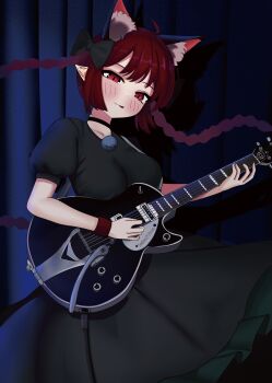 1girl :p animal_ear_fluff animal_ears black_bow black_choker black_dress blush bow breasts canonball_(dungigi12) cat_ears cat_girl choker commentary dress extra_ears frilled_dress frills guitar hair_bow highres holding holding_instrument instrument kaenbyou_rin looking_at_viewer medium_breasts music playing_instrument pointy_ears red_eyes red_hair short_sleeves solo tongue tongue_out touhou