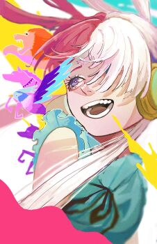 1girl bird black_ribbon eyelashes headphones highres horse lion looking_ahead multicolored_hair one_piece open_mouth purple_eyes red_hair ribbon shirt sleeveless sleeveless_shirt solo two-tone_hair upper_body uta_(one_piece) uyunosora white_hair