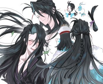 1boy 1girl absurdres altaria bird black_hair blush braid closed_eyes crossover curtained_hair fate/grand_order fate_(series) gen_3_pokemon grey_eyes half_updo haori heterochromia highres japanese_clothes kimono kondou_isami_(fate) long_hair mini_nobu_(fate) multiple_views nintendo oda_nobunaga_(fate) open_mouth pokemon pokemon_(creature) simple_background smile white_background yurumawari