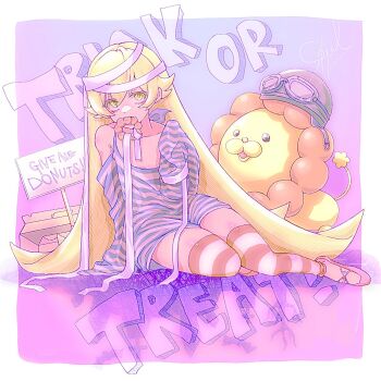 1girl arm_support aviator_cap back_bow bandaged_head bandages black_helmet blonde_hair blue_shirt blush border bow breasts closed_mouth collarbone detached_sleeves different_shadow donut dot_nose expressionless eyes_visible_through_hair flipped_hair food food_in_mouth full_body goggles goggles_on_headwear hair_between_eyes hair_flaps halloween hand_up helmet highres leggings legs_together long_hair long_sleeves looking_at_viewer monogatari_(series) mouth_hold open_mouth oshino_shinobu pastry_box pon_de_lion pon_de_ring purple_background purple_theme red_leggings red_shoes s0ul20 shadow shirt shoes shoulder_blush sign signature sitting sleeves_past_fingers sleeves_past_wrists small_breasts striped_clothes striped_leggings striped_shirt thigh_blush trick_or_treat very_long_hair white_border white_leggings white_shirt yokozuwari