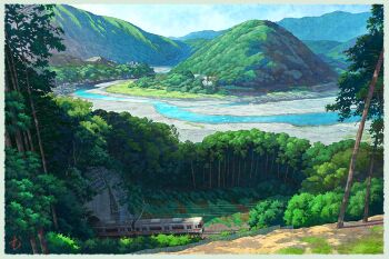 blue_sky border central_japan_railway_company cloud cloudy_sky commentary_request day forest japan landscape mountain mugumo_24k nature no_humans original outdoors railroad_tracks river scenery sky train tree