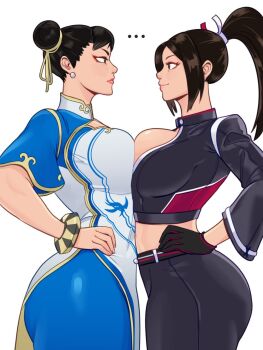 ... 2girls akiman_pose belly-to-belly black_gloves breast_press breasts capcom chinese_clothes chun-li commentary cropped_jacket double_bun english_commentary eye_contact fatal_fury fatal_fury:_city_of_the_wolves gloves hair_bun hair_ribbon highres huge_breasts looking_at_another midriff multiple_girls official_alternate_costume ponytail ribbon rivalry shiranui_mai skullworms street_fighter street_fighter_6 symmetrical_docking upper_body yuri