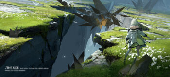 1girl animal_ears arknights artist_name bare_legs bare_shoulders bird bird_wings cat_ears cat_girl cliff copyright_name dated dress dutch_angle english_text flower full_body grass green_dress highres jacket kal&#039;tsit_(arknights) long_sleeves material_growth nid417 off-shoulder_dress off-shoulder_jacket off_shoulder rock scenery short_hair solo standing wide_shot wings