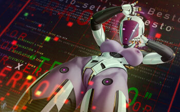 1girl :o arms_up bodysuit clothing_cutout colored_skin crotch_cutout destiny_(game) from_below gloves helmet hip_bones holographic_interface large_variant_set nipples personification pink_eyes purple_skin pussy solo source_request telesto_(destiny) themaestronoob thighhighs thighs variant_set