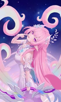 1girl absurdres blue_hair bow_(weapon) breasts commentary cyrene_(honkai:_star_rail) cyrene_(ripples_of_past_reverie)_(honkai:_star_rail) diamond-shaped_pupils diamond_(shape) dress from_side highres holding holding_bow_(weapon) holding_weapon honkai:_star_rail honkai_(series) long_hair maji_(majidesu3) multicolored_hair pink_hair pointy_ears purple_eyes sideboob sky smile solo star_(sky) starry_sky symbol-shaped_pupils very_long_hair weapon white_dress white_hair