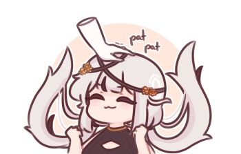 1girl 1other :3 artist_self-insert bare_arms bare_shoulders black_leotard blush_stickers breasts brown_background chonkyorca cleavage cleavage_cutout closed_eyes closed_mouth clothing_cutout disembodied_hand english_text floating_hair grey_hair hands_up headpat leotard long_hair low_twintails medium_breasts orca_(chonkyorca) original solo_focus twintails two-tone_background very_long_hair white_background