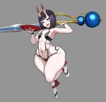 1girl :d absurdres ankle_ribbon armpits breasts cup curvy eyeliner fangs fate/grand_order fate_(series) full_body gourd grey_background highres holding holding_behind_back holding_cup holding_sword holding_weapon holding_weapon_behind_back horns jadf leg_ribbon looking_at_viewer makeup navel oni open_mouth pale_skin pear-shaped_figure plump purple_eyes purple_hair red_eyeliner red_ribbon revealing_clothes ribbon sakazuki shiny_skin short_hair shuten_douji_(fate) simple_background skin-covered_horns small_breasts smile solo standing standing_on_one_leg stomach sword thick_thighs thighs tiptoes toeless_legwear weapon wide_hips