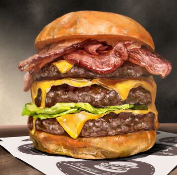 Rule 34 | bacon, bread, bread bun, burger, cheese, commentary request, food, food focus, ichen (easugden), meat, no humans, original, still life