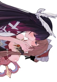 2girls artist_name black_hair blue_eyes brown_hair closed_eyes columbina_(genshin_impact) commentary ee_0818 genshin_impact hashtag-only_commentary head_wings highres long_hair multicolored_hair multiple_girls sandrone_(genshin_impact) sideways two-tone_hair wings yuri