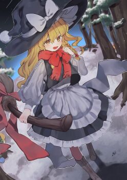 1girl apron black_hat blonde_hair boots bow braid broom brown_boots commentary_request hair_bow hat hat_bow highres holding holding_broom kirisame_marisa knee_boots long_sleeves looking_at_viewer niru_(ka_k_0517) open_mouth outdoors red_bow red_scarf scarf side_braid single_braid smile snow solo touhou tree waist_apron white_apron white_bow witch_hat yellow_eyes