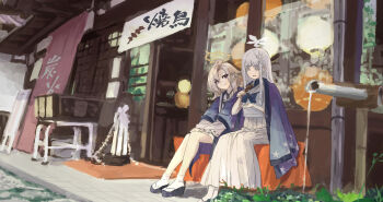 2girls architecture ayame_(blue_archive) blonde_hair blue_archive blue_bow blue_haori bow colored_eyelashes commentary_request desuyone0502 east_asian_architecture food grey_eyes hair_ornament halo haori highres holding holding_food holding_skewer japanese_clothes long_braid long_hair long_skirt multiple_girls nagusa_(blue_archive) okobo outdoors platform_sandals pointy_ears purple_eyes restaurant sandals school_uniform serafuku sitting skewer skirt snowflake_hair_ornament snowflake_halo tabi white_eyelashes white_hair white_halo white_serafuku white_skirt yakitori yellow_halo