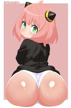 1girl ahoge anya_(spy_x_family) ass ass_focus black_dress blush border closed_mouth dress eden_academy_school_uniform from_behind green_eyes hairpods huge_ass kyojiri_loli loli looking_at_viewer looking_back panties pink_background pink_hair school_uniform shiny_skin short_hair simple_background sitting smile solo spy_x_family sweat twitter_username underwear virtuafire white_border white_panties