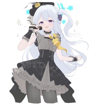 1girl :d absurdres alternate_costume arm_cuffs arm_up armband black_choker black_hat black_pantyhose black_skirt blue_archive blue_eyes blue_halo blue_ribbon blush bow breasts buttons choker commentary cosplay cowboy_shot dress floating_hair flower frilled_armband frilled_choker frilled_cuffs frilled_dress frilled_skirt frills grey_skirt hair_bow hair_ribbon halo hat hat_feather hat_flower headband highres holding holding_microphone idol idol_clothes jewelry long_hair looking_at_viewer mari_(blue_archive) mari_(blue_archive)_(cosplay) mari_(idol)_(blue_archive) meliach microphone mini_hat mini_top_hat miyako_(blue_archive) one_side_up open_mouth pantyhose ribbon rose simple_background skirt small_breasts smile solo solo_focus sparkle top_hat twintails white_background white_hair yellow_flower yellow_ribbon yellow_rose