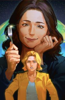 2girls artist_name black_sky blonde_hair blue_eyes blue_jacket brown_eyes brown_hair carol_sturka clenched_hand closed_mouth collarbone collared_jacket commentary earth_(planet) english_commentary fork hand_on_own_face hands_up highres holding holding_fork jacket keibleh long_sleeves looking_at_another multiple_girls open_clothes open_jacket pink_lips planet pluribus_(tv_series) puffy_long_sleeves puffy_sleeves purple_lips shirt short_hair sky smile space sparkle star_(sky) starry_sky striped_clothes striped_jacket sweatdrop t-shirt teeth upper_body wavy_hair white_shirt yellow_jacket yellow_pupils zosia_(pluribus)