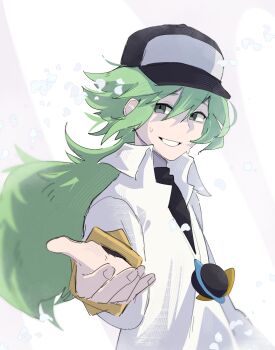 1boy bangle black_hat bracelet collared_shirt commentary from_side green_eyes green_hair grin hair_between_eyes hat highres jewelry long_hair looking_to_the_side male_focus n_(pokemon) nintendo nyaivie outstretched_hand pokemon pokemon_bw shirt simple_background smile solo sweat teeth undershirt white_background white_shirt