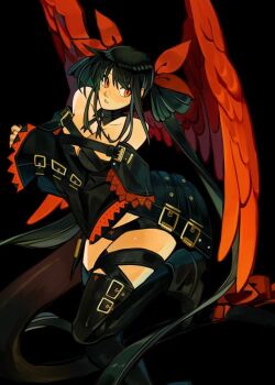 1girl alternate_color angel_wings bare_shoulders belt black_background black_choker black_hair black_panties black_thighhighs borcheim breasts choker cleavage collarbone commentary crossed_arms dizzy_(guilty_gear) english_commentary guilty_gear guilty_gear_xrd hair_ribbon large_breasts leg_up long_hair looking_to_the_side monster_girl panties red_eyes red_wings ribbon sidelocks slit_pupils solo tail tail_ornament tail_ribbon thick_thighs thigh_strap thighhighs thighs twintails underwear wide_sleeves wings