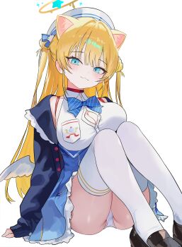 1girl :3 animal_ears ass black_jacket black_shoes blonde_hair blue_eyes blue_skirt breasts cat_ears character_request choker cleavage closed_mouth collared_shirt extra_ears halo hat high-waist_skirt highres indie_virtual_youtuber jacket knees_up large_breasts long_hair long_sleeves looking_at_viewer low_wings nbee_ya open_clothes open_jacket panties partially_unbuttoned red_choker shirt shoes simple_background sitting skirt sleeveless sleeveless_shirt smile solo thighhighs two_side_up underwear virtual_youtuber white_background white_hat white_panties white_shirt white_thighhighs wings
