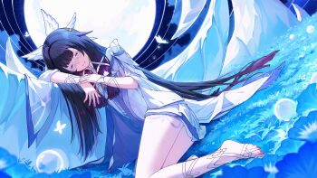 1girl black_hair blue_flower blunt_bangs closed_eyes closed_mouth columbina_(genshin_impact) commentary_request feathered_wings flower genshin_impact hair_ribbon head_wings highres long_hair long_sidelocks multiple_wings pink_hair ribbon sidelocks smile snozaki solo very_long_hair white_mask white_ribbon white_wings wings wrist_ribbon