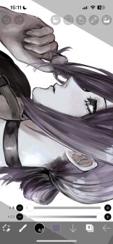 1girl black_choker black_eyes black_hair chainsaw_man choker closed_mouth eyelashes hashtag-only_commentary highres ibispaint ibispaint_(medium) nini_2i2 reze_(chainsaw_man) screencap sideways solo