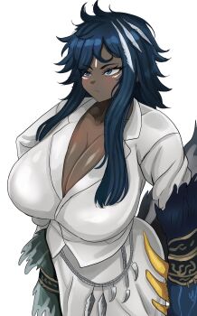 1girl blue_eyes blue_hair blush breasts cleavage dark-skinned_female dark_skin feather_hair_ornament feathers formal_clothes gugugu44630967 hair_ornament highres huge_breasts limbus_company no_shirt project_moon rufo_(project_moon) simple_background suit white_background