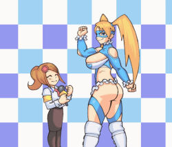 2girls animated ass bare_hips bare_shoulders blonde_hair bouncing_breasts breasts brown_hair checkered_background cleavage cleavage_cutout clothing_cutout eye_mask gutsbro hairdressing hands_on_own_hips happy heart heart_print height_difference highleg highleg_leotard huge_breasts impressed interview jiggle large_breasts leotard long_hair mask microphone multiple_girls necktie parody ponytail rainbow rainbow_mika reporter_(rhythm_tengoku) rhythm_tengoku shiny_skin simple_background smile street_fighter tagme twintails video