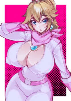 1girl biker_clothes bikesuit blonde_hair bodysuit breasts cleavage earrings highres impossible_bodysuit impossible_clothes inverted_nipples jewelry large_breasts looking_at_viewer mario_(series) nintendo pink_background pink_bodysuit pink_scarf polka_dot polka_dot_background princess_peach scarf skin_tight solo volyz