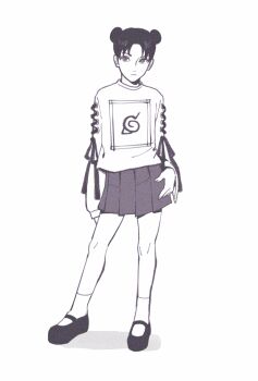 1girl commentary contrapposto double_bun english_commentary frown greyscale hair_bun hand_on_own_hip highres il1023il konohagakure_symbol miniskirt monochrome naruto_(classic) naruto_(series) pleated_skirt skirt socks solo tenten_(naruto)