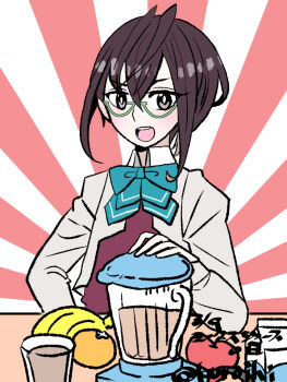 1girl apple black_hair blazer blender_(object) cup dated drink_carton drinking_glass food fruit glasses green_eyes grey_jacket jacket kantai_collection kuroihi_(kuroihitsuji) milk_carton okinami_(kancolle) okinami_kai_ni_(kancolle) one-hour_drawing_challenge orange_(fruit) short_hair solo sunburst sunburst_background twitter_username upper_body