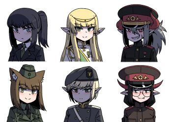 6+girls animal_ear_fluff animal_ears black_hair blonde_hair blue_eyes brown_hair cross_in_eye demon_girl demon_horns elf glasses green_eyes grey_hair hair_ornament hat highres horns jacket karepack long_hair military_hat military_jacket military_uniform multiple_girls original pointy_ears ponytail queen_eleonora_(karepack) red_eyes royal_guard_(karepack) sidelocks tiara very_long_hair yellow_eyes
