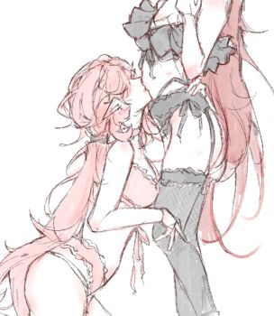 Rule 34 | 2girls, black bra, black garter straps, black panties, black thighhighs, bra, breasts, brown hair, commentary, eden (honkai impact), elf, elysia (honkai impact), garter straps, honkai (series), honkai impact 3rd, kissing stomach, large breasts, lingerie, long hair, multiple girls, panties, pink bra, pink hair, pink panties, pointy ears, simple background, thighhighs, tunananann, underwear, untranslatable commentary, very long hair, white background, yuri